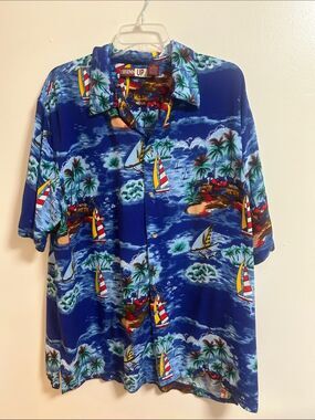 Thums Up Men’s Aloha Hawaiian Shirt Sailboats Palm Trees Ocean Beach Vacay 2X